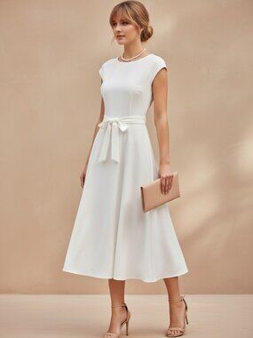 Dress Tells Fit and Flare Dress Womens Medium White Excellent Bow Cap Sleeve